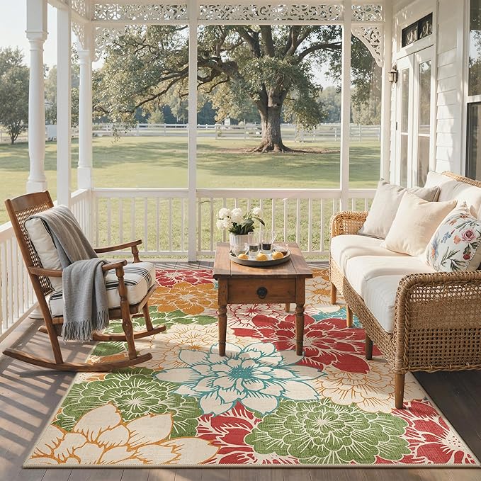 GENIMO Indoor Outdoor Area Rug 8'x10', Machine Washable Rugs for Patio, Waterproof, Non-Slip Easy Cleaning Floral Outdoor Mat Carpet for Living Room, Bedroom, RV, Balcony, Deck, Camping, Red