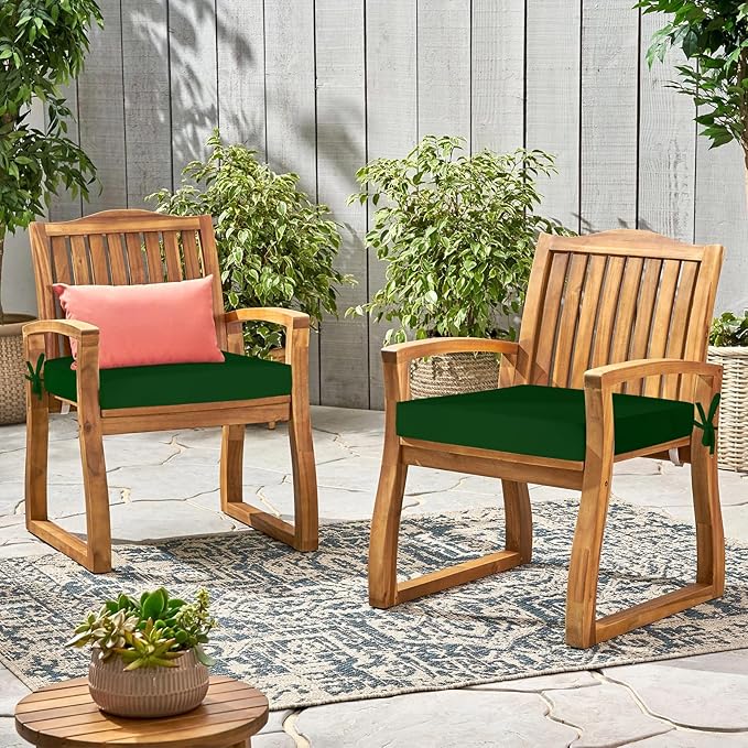Waterproof Outdoor Chair Cushions Set of 2, Square Outdoor Seat Cushions with Ties and Removable Covers, 19 x 19 Outdoor Cushions for Patio Furniture with Portable Handle(Forest Green)