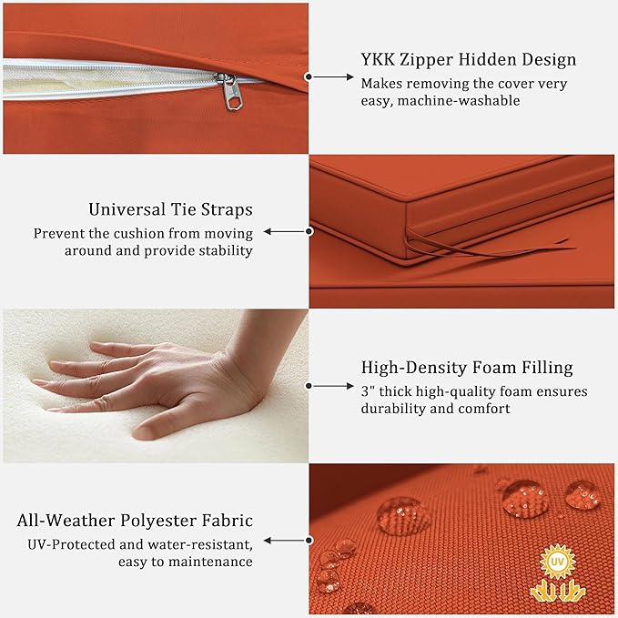 3 Pack Outdoor Replacement Cushions,36L x 18W x 3H,18L x 18W x 3H inch, High-Elastic Replacement Sponge for 4-Seater Water-Resistant Patio/Sofa with Removable Covers (Orange)