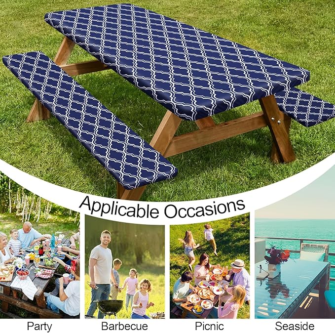 Picnic Table Cover with Bench Covers 6FT 3 Pcs Waterproof Windproof Aesthetic Camping Tablecloth with Drawstring Bag, Fitted for 6 Foot Rectangle Tables and Seats, 72 inch, Navy Blue Morocco