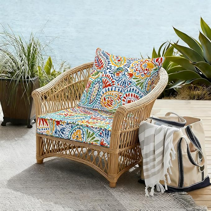 Outdoor Deep Seat Cushion Set, Water Repellent 22"x22" Patio Thick Cushions Replacement with Seat & Back Pillow for Patio Sofa, Wicker Chair, Couch - Paisley Multi