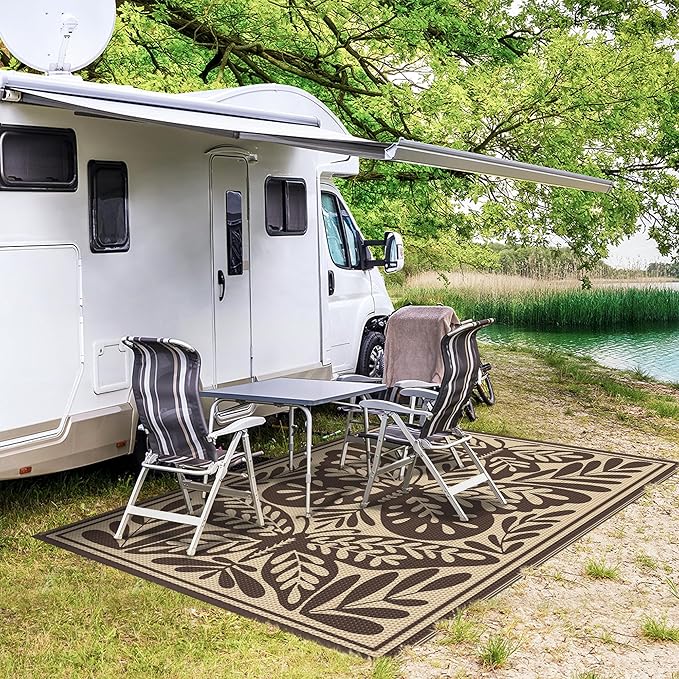 GENIMO Outdoor Rug 6' x 9' Waterproof for Patio Clearance, Reversible Plastic Straw Camping Mat, Lightweight Carpet for Rv, Camper, Deck, Porch, Picnic, Balcony, Beach, H.Coffee & Beige