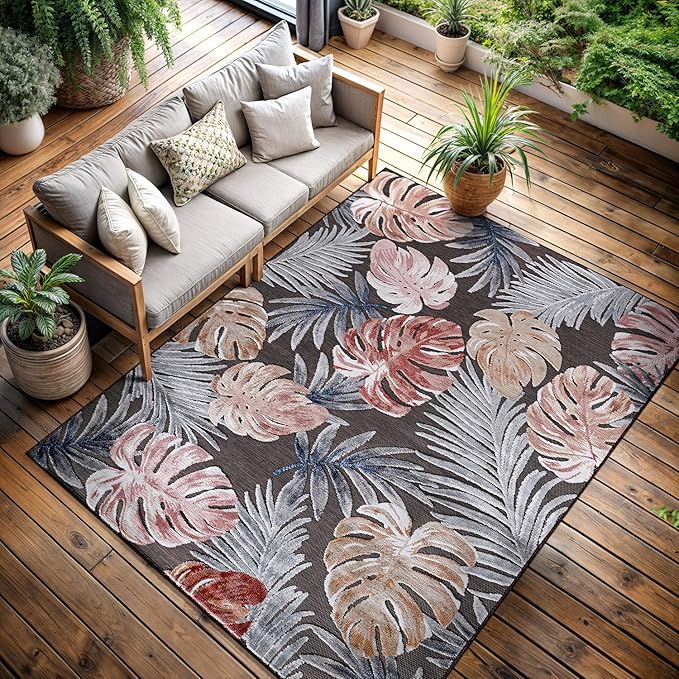 CAMILSON Indoor Outdoor Rug, Brown 10’x14’ Leaf Tropical Botanical Area Rugs for Indoor and Outdoor patios, Easy-Cleaning Non-Shedding Living Room, Garden and Kitchen Washable Outside Carpet (10x14)
