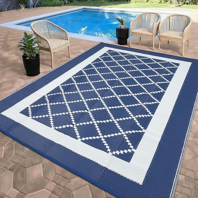 COZYLOOM Outdoor Plastic Straw Rug 9x12 Reversible Waterproof Outdoor Rug for Patio, Large Modern Boho Carpet, RV Mat for Deck, Balcony, Camping, Beach, Picnic, Navy&White