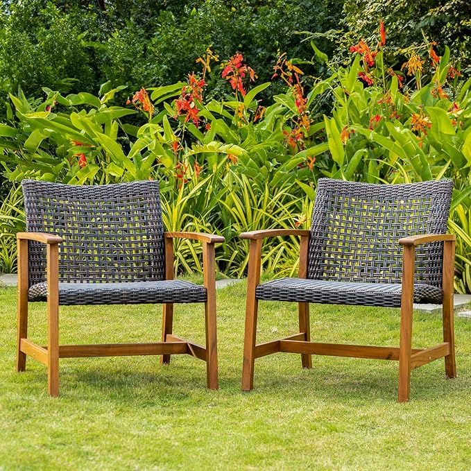 IDZO Liberte 500lbs Capacity Acacia Outdoor Club Chairs Set of 2, FSC Teak Finish Wood Patio Furniture Sets with Upgraded 2000Hours UV Resistant Wicker