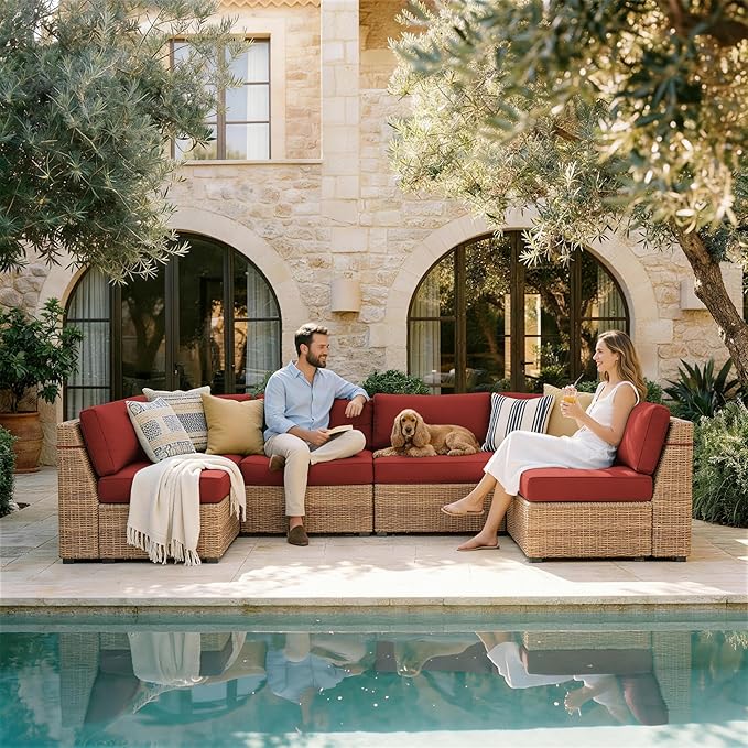 Outdoor Replacement Cushions for Patio Furniture, 5" Foam High-Density, 14-Piece Water-Resistant Outdoor Cushion for 6-Seat Sectional Patio Conversation Sets, Liner&Cover