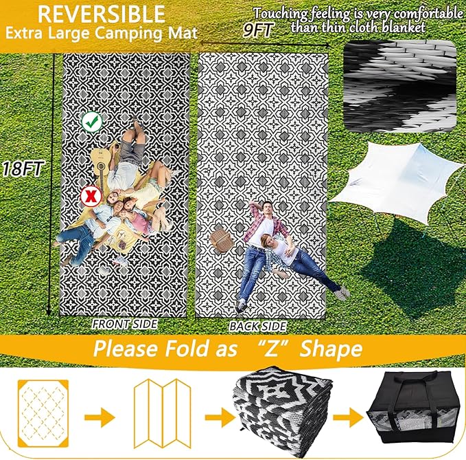 Outdoor Rug 9x18 Waterproof Large Outdoor Rug Camping Rug Reversible Rv Mats Black Gray Outdoor Plastic Straw Rug Tightly Woven Rugs Clean Easily Large Patio Mat for RV, Deck, Camping Rv Essentials