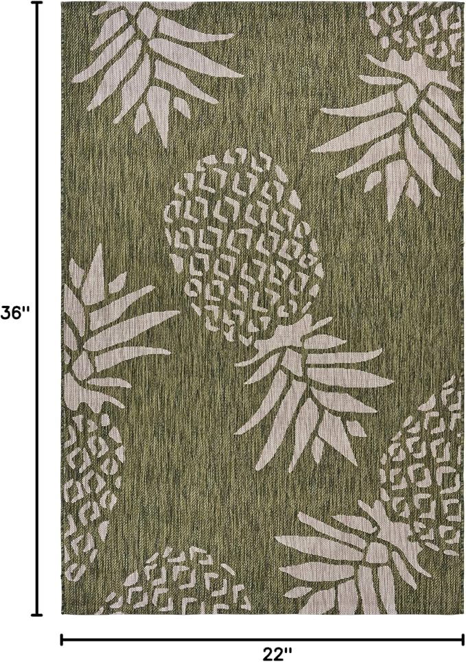 LR Home 2x3 Indoor/Outdoor Area Rug for Home Decor | Coastal Pineapples Carpet for Living Room, Bedroom, Playroom, Patio, Garden | Modern Farmhouse Rug | Dark Green/Beige