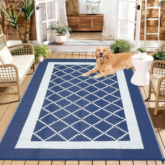 Outdoor Rug for Patio 9x12 Waterproof Camping Mat Reversible Plastic Straw Floor Carpet Modern Diamond Indoor Outdoor Large Area Rug for RV Deck Balcony Backyard Blue/White