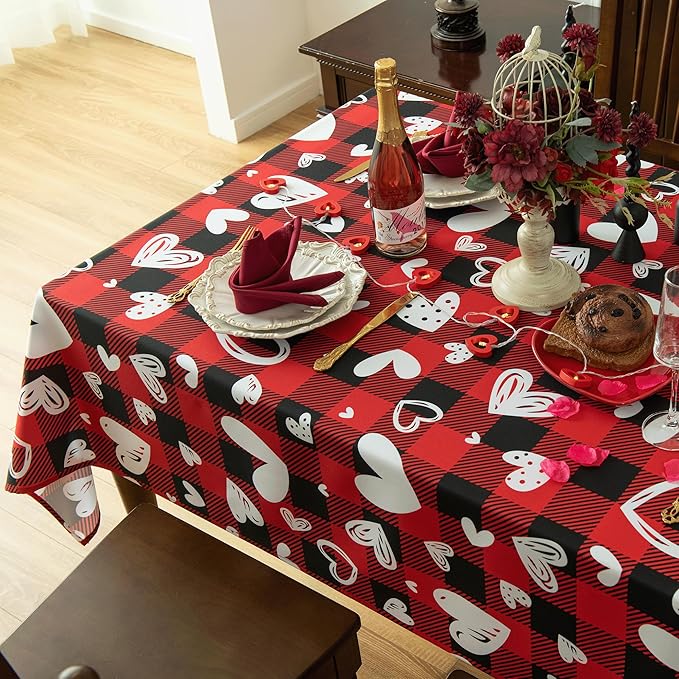 Waterproof Valentine's Day Tablecloth Fabric - Red Oblong 52x70 Inch Classic Buffalo Tartan Festive Table Cloth for Indoor Use - Gingham Table Cover for Dinner, and Parties