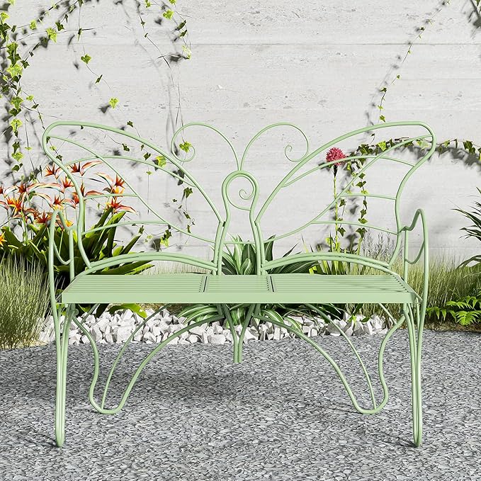 Outdoor Bench Patio Outdoor Garden Bench with Built-in Table, Butterfly Bench for Outside, 3 People Outdoor Bench Garden Bench Front Porch Furniture (Green, 49.2inch)