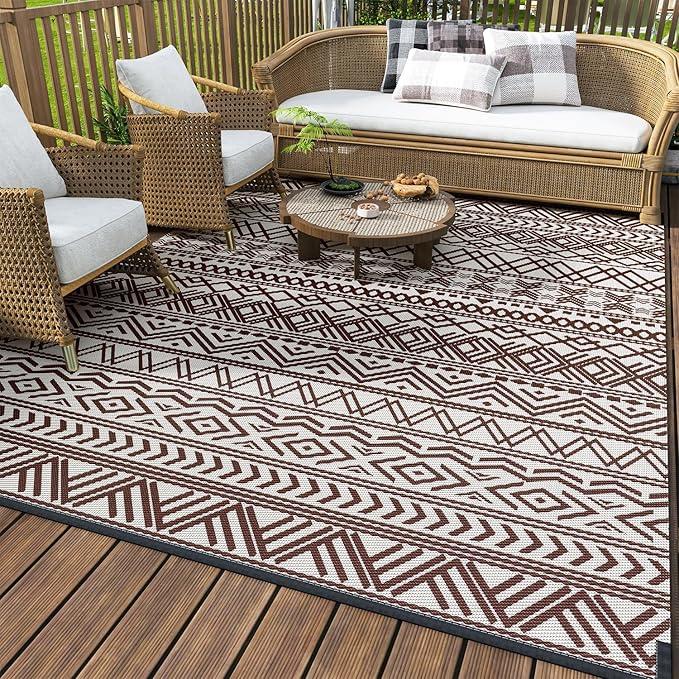 MontVoo Outdoor Rug Carpet Waterproof 5x8 Outdoor Patio Rug Mat Reverisble Plastic Straw Outdoor Rug for RV Camping Picnic Beach Balcony Boho Beige Brown