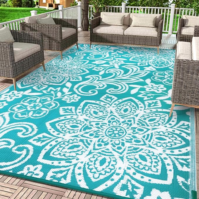 Findosom Waterproof Outdoor Rug 9' x 12' - Reversible Mandala Outdoor Plastic Straw Rug, Durable Foldable Patio Rug for RV, Deck, Balcony, Backyard, Picnic, Porch, Camping, Beach, Blue
