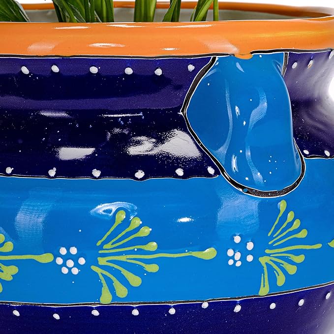 Evergreen Garden Talavera Mexican Pottery Ceramic Chata | Flower Pot Plant Succulent | Indoor Outdoor (12 in. Blue Striped)