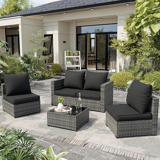 Amopatio Outdoor Chair Cushions 22.5"× 20.3" × 4", Set of 4 with Removable Cover, Waterproof & Fade Resistant seat Cushions for Patio Furniture, Black