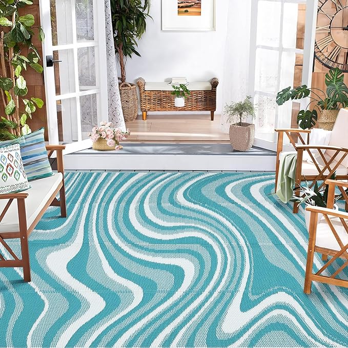 Patio Modern Abstarct Outdoor Rug 10x14 Waterproof Large Reversible Camping Mat Foldable Lightweight Plastic Straw Outdoor Rug for Deck, Camper, Balcony, Beach, Rv，Lake Green/Light Blue