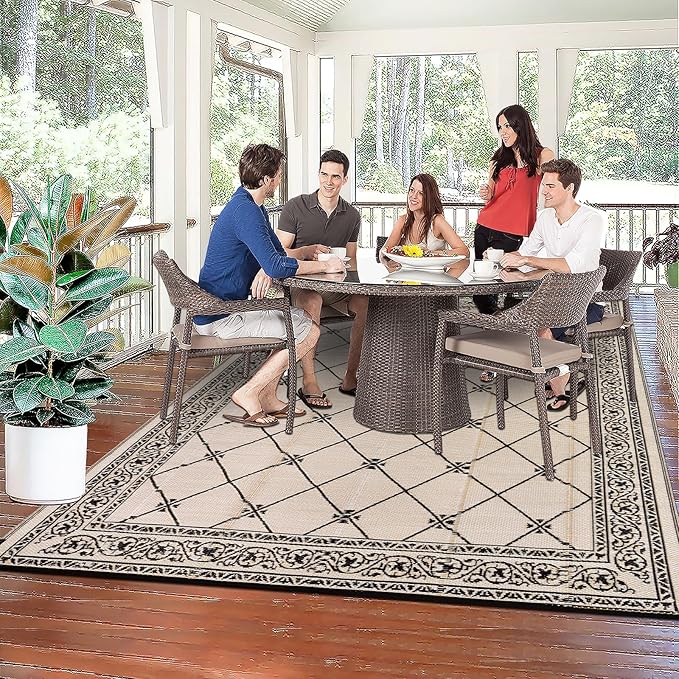 HiiARug Outdoor Rug 8'x10' for Patios Waterproof Patio Rugs Outdoor Mats for Front Porch,Beach Mat,Reversible Plastic Straw Camping Rugs for Outside RV,Deck,Balcony,Backyard，Black&Beige