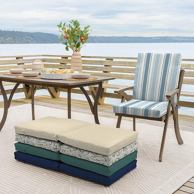 Arden Outdoor Patio Dining Chair Cushion, 20x44, Rain-Proof Seat Pad, Fade-Resistant Outdoor Cushion French Blue Linen Stripe