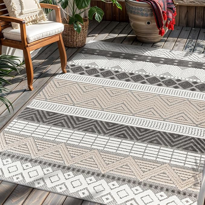 Rugshop Gray Marbella Boho Indoor/Outdoor Area Rug, Machine Washable for Patio, Balcony and Entry 4' x 6'