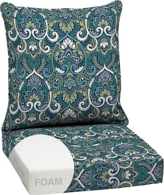 Arden Outdoor Foam Deep Seat Cushion Set, 24 in x 24 in, Weather-Proof, Rain-Proof, Fade Resistant Patio Cushion, Bottom and Back Cushion for Chair, Sofa, and Couch Sapphire Aurora Blue Damask