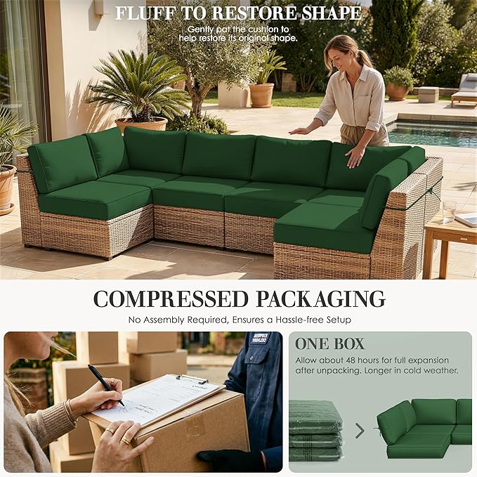 Outdoor Replacement Cushions for Patio Furniture, 5" Foam High-Density, 14-Piece Water-Resistant Outdoor Cushion for 6-Seat Sectional Patio Conversation Sets, Liner&Cover