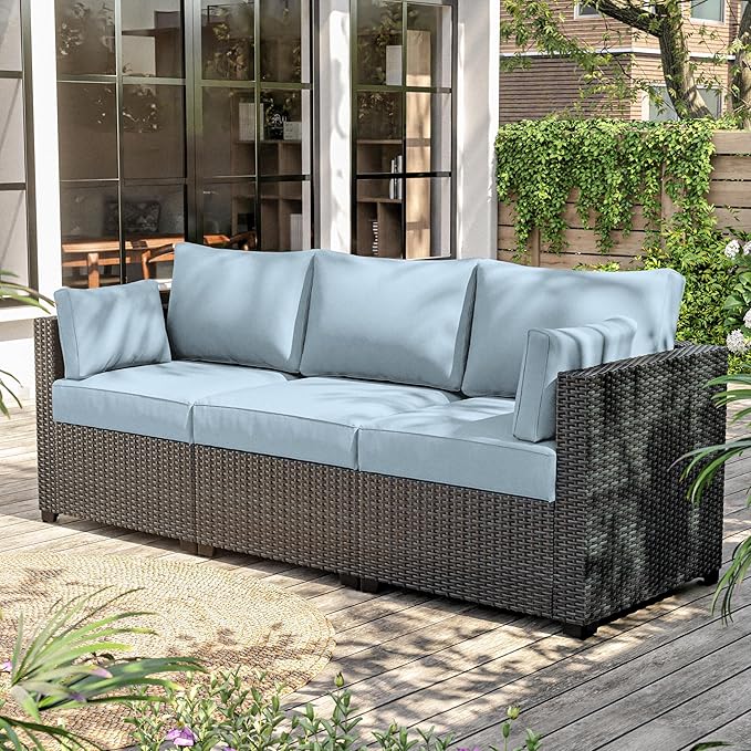 8-Piece Outdoor Cushions for Patio Furniture Thick Outdoor Chair Cushions Resilient Foam Waterproof Deep Seat Cushion Replacement for 3-Seat Sectional Sets Liner&Cover Light Blue