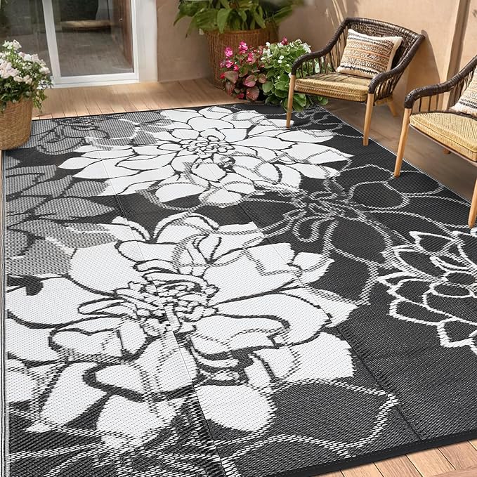 Outdoor Rug 9x12 Reversible Modern Floral Patio Rug Waterproof & Washable Outside Carpet, UV Weather Resistant RV Camping Mat, Durable Plastic Outdoor Carpet for Garden Yard, Black