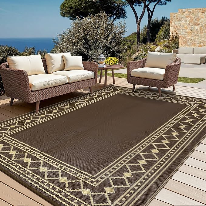 9x18 Large Outdoor Rug,Modern Bordered Plastic Straw Carpet,Waterproof Lightweight Outdoor Carpet,Easy Cleaning Folding Uv Resistant Picnic Camping Mat,Brown/Coffee