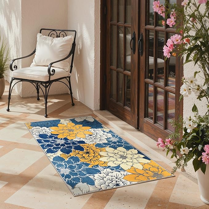 GENIMO Indoor Outdoor Area Rug for Entryway, 3'x5' Entry Rugs Door Mat, Machine Washable, Waterproof, Non-Slip, Easy Cleaning, Floral Outdoor Carpet for Patio Balcony Bedroom Kitchen Deck, Navy Blue