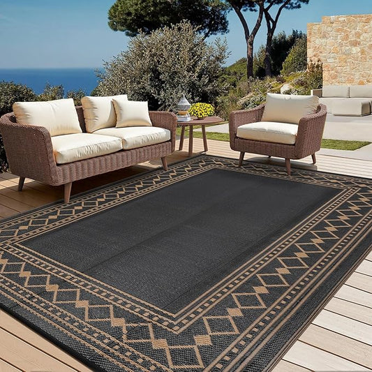 Garvee Outdoor Rug 9x18 ft, Patio Plastic Straw Rug Waterproof Reversible Patio Mat, Large Plastic Straw Rug for RV, Camping, Deck, Balcony, Easy Clean & Portable,Dark Brown