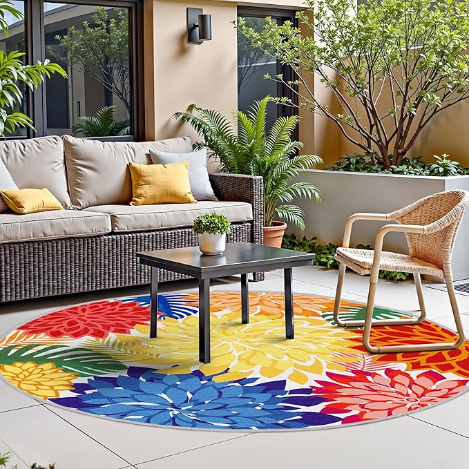 Colorful 6FT Outdoor Round Area Rug Washable Rugs Multicolored Patio Rug Tropical Botanical Floral Chenille Waterproof Outdoor Carpet for RV, Pool Deck, Backyard, Porch, Rainbow