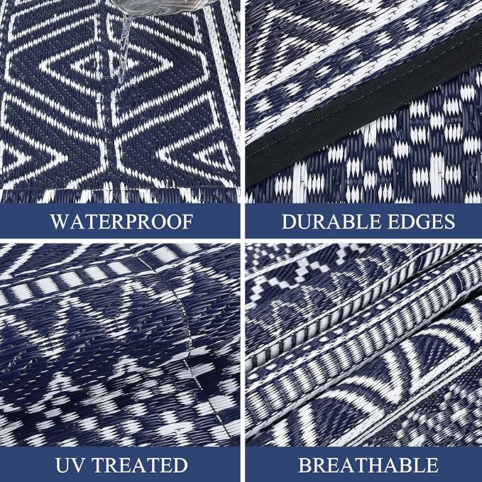 GarveeLife Outdoor Plastic Straw Rug 9x12 Waterproof UV Resistant Patio Rug Lightweight Floor Mat for Camping, Picnic, Backyard, RV, Beach, Picnic, Dark Blue & White
