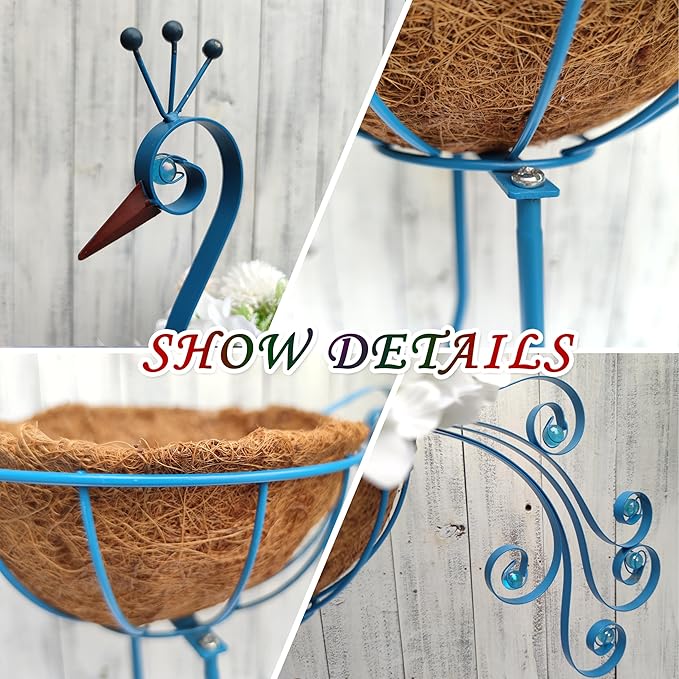 Blue Peacock Planters,Metal Peacock Plant Pots Decorations with Fiber Basket,Outdoor Indoor Standing Bird Planters Lawn Garden Décor Art for Lawn,Yard,Patio,Balcony Ornament（Set of 2）