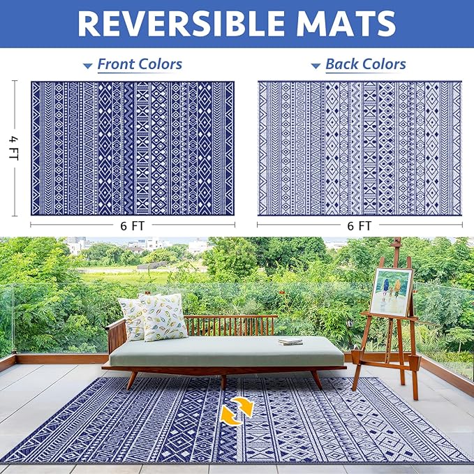 StepLively Outdoor Rug 4x6 ft, Reversible Waterproof Outdoor Plastic Straw Rug, Patio Rug Waterproof, Outdoor Large Area Rug for RV, Camping, Garden, Porch, All-Weather & Easy to Clean(Blue)