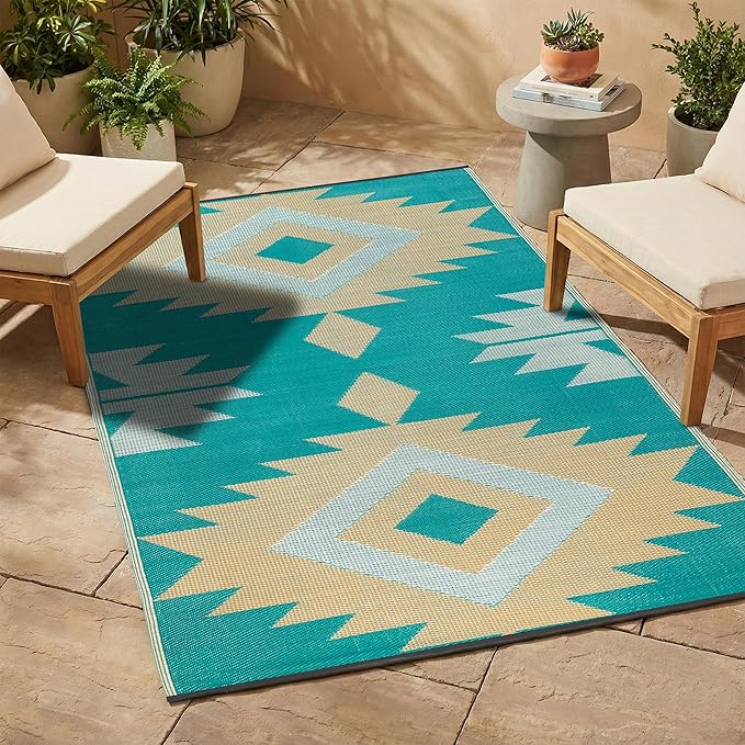 FH Home Outdoor Rug - Waterproof, Fade Resistant, Reversible - Premium Recycled Plastic - Geometric - Porch, Deck, Balcony, Mudroom, Laundry Room, Patio - Bursa Kilim - Teal Crease Free - 3 x 5 ft