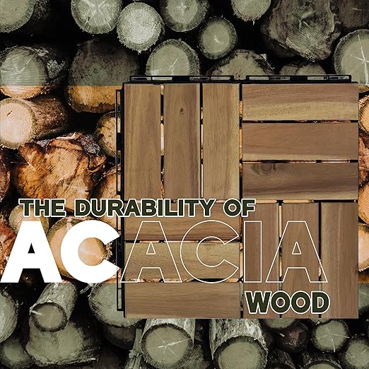 Acacia Wood Flooring Interlocking Deck Tiles for Patio Decor 27 Pcs 12 Slats VR White Oak - Waterproof Indoor & Outdoor Decor - Balcony Garden Decking Tile (12.2 * 12.2 * 0.7 inches)
