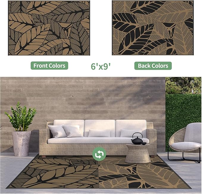 GENIMO Outdoor Rug 6' x 9' Waterproof for Patio Clearance, Reversible Plastic Straw Camping Carpet, Lightweight Mat for Rv, Camper, Deck, Porch, Picnic, Balcony, Beach, F.Black & Brown