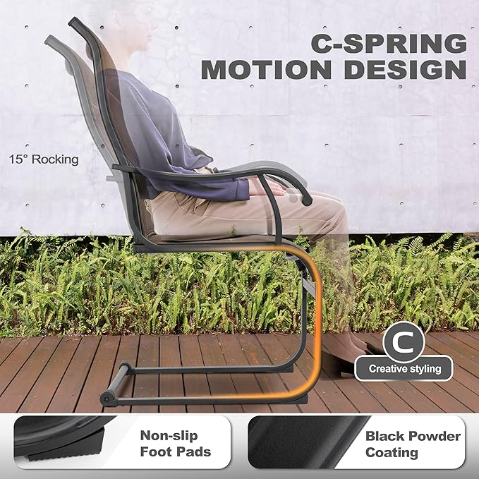 NUU GARDEN Patio Dining Chairs Set of 2, All Weather Outdoor Padded Textilene Patio Chairs, Breathable Spring Motion Textile High Back Outdoor Dining Chairs for Backyard, Lawn, Deck, Brown