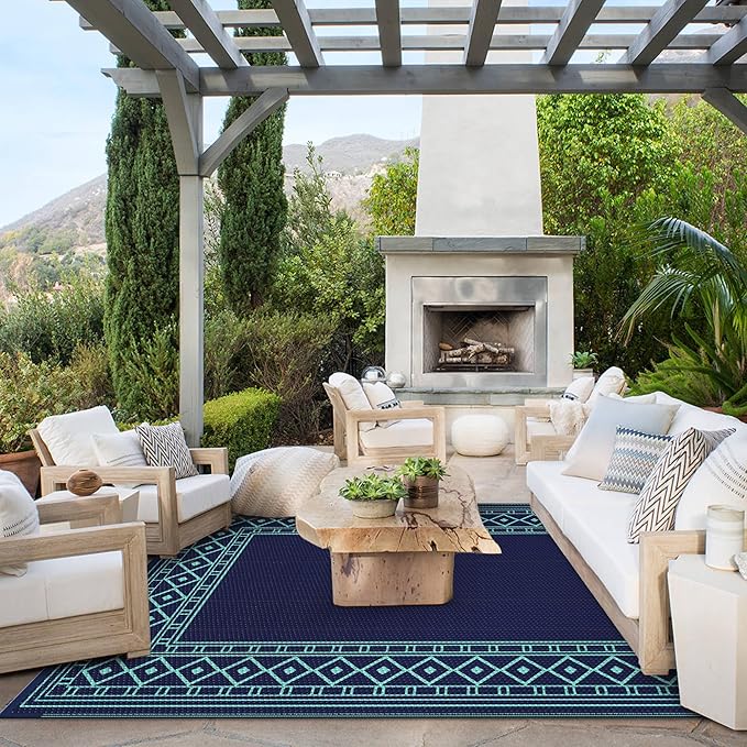 GENIMO Outdoor Rug Waterproof 5'x8' for Patio, Foldable Reversible Plastic Straw Carpet for Travel Trailers, Outside Area Mat for Rv, Deck, Picnic, Porch, Balcony, Beach, Navy Blue & Jade Green