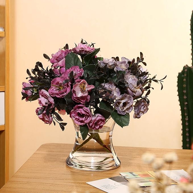 WGV Unique Bouquet Vase, 5.5" W, 6" H, Clear Short Hurricane Concaved Neiman Glass Floral Container, Home Wedding Event Decor, 1 Piece (VHV0606)
