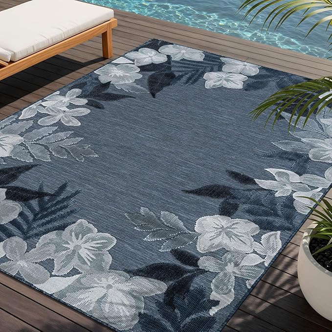 Outdoor Rug 6x9 Washable Area Rugs Indoor Outdoor Carpets Navy Border Floral Non Shedding Waterproof Easy Clean Patio Deck Porch Living Room Bedroom Garden RV (6 X 9 Navy)