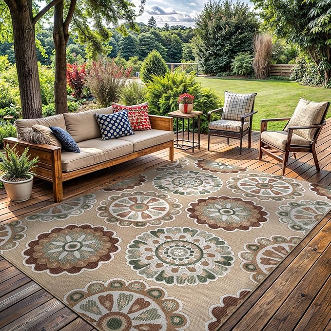 Outdoor Rug 5x7 Washable Area Rugs Indoor Outdoor Carpets Beige Bohemian Medallion Non Shedding Waterproof Easy Clean Patio Deck Porch Living Room Bedroom Garden RV (5 X 7 Beige)