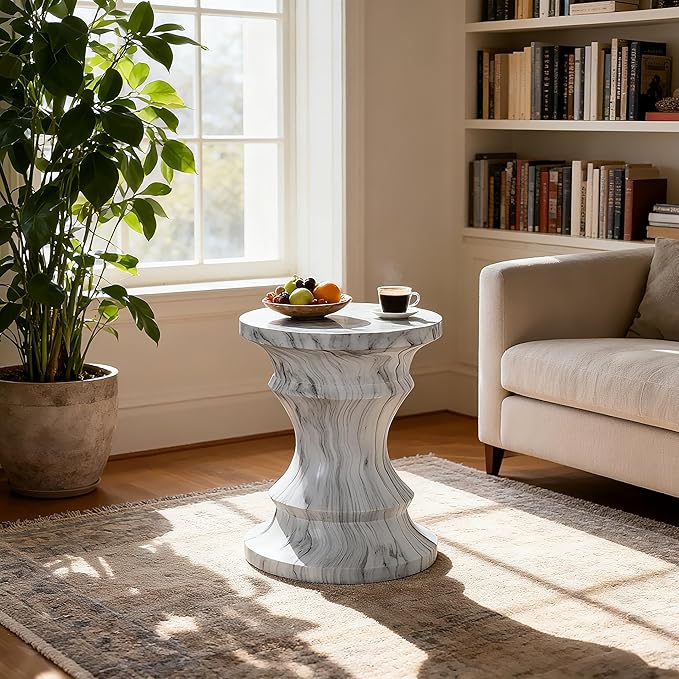 15.35" Cement End Tables for Patio,Modern Small Round Side Faux Terrazzo Accent Table,Tree Stump Garden Stool Drum Indoor and Outdoor,Light Grey
