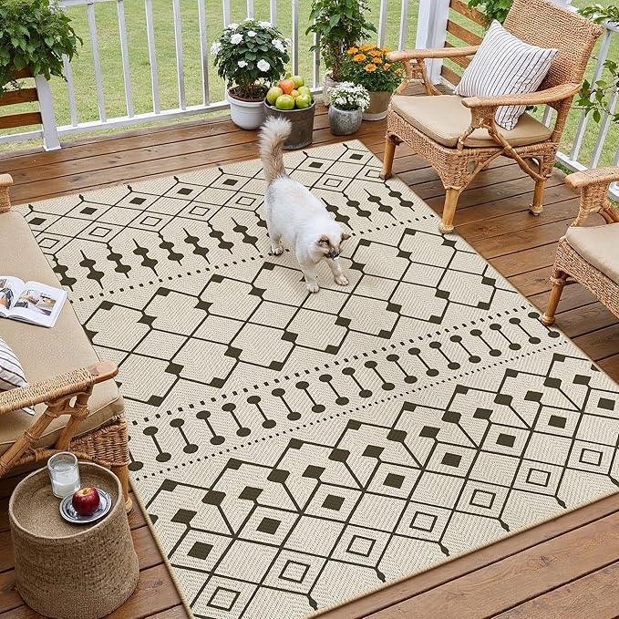 HUGEAR 3x5 Outdoor Rug Black/Beige Linen-Look Fabric Boho Area Rug High Traffic Stain Resistant Easy Clean Durable Rugs for Indoor/Outdoor Patio Deck Balcony Porch Garden Courtyard