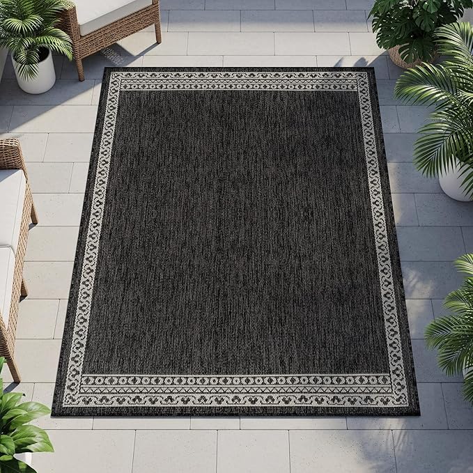 Washable Outdoor Rug 6x9 Modern Area Rugs Outdoor Carpets Bordered Pattern Non Shedding Waterproof Easy Clean Patio Deck Porch Living Room Bedroom Garden RV (6 X 9 Dark Gray)