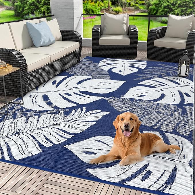 COZYLOOM Outdoor Patio Rug 8x10 Waterproof Plastic Straw Rug Reversible UV Resistant Camping Mat, Foldable Lightweight RV Picnic Mat with Portable Bag, Modern Outdoor Carpet for Yard, Blue
