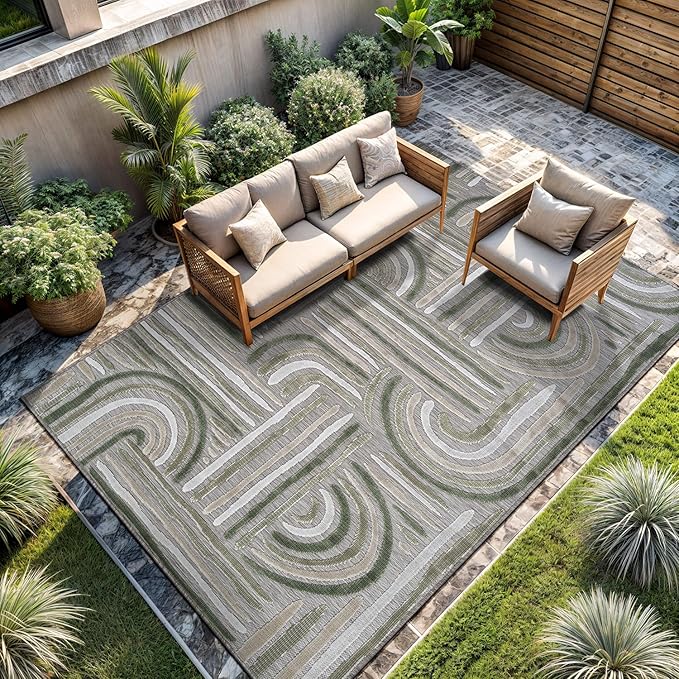 CAMILSON Indoor Outdoor Rug, Beige 9x12 Geometric Arch Striped Large Area Rugs for Patio and Home Areas, Easy-Cleaning Non-Shedding Living Room, Garden and Deck Washable Outside Carpet (9 x 12)