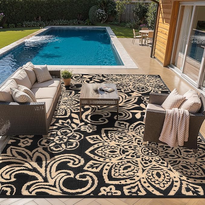 Findosom Waterproof Outdoor Rug 8' x 10' - Reversible Mandala Outdoor Plastic Straw Rug, Durable Foldable Patio Rug for RV, Deck, Balcony, Backyard, Picnic, Porch, Camping, Beach, Black