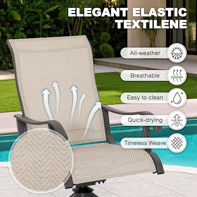 NUU GARDEN Patio Swivel Chairs Set of 4, Outdoor Dining Chairs with Armrests, Swivel Textilene Patio Dining Chair for All Weather, with Metal Frame, for Garden, Backyard, Deck, Poolside, Beige