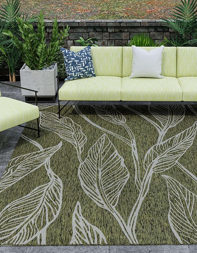 Unique Loom Outdoor Botanical Collection Area Rug - Leaf (7' 10" Square Green/Ivory)